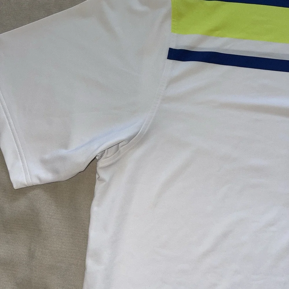 Foot Joy FJ Golf Polo Shirt Mens XL White Blue Green Stretch‎ W/Black Hawk Logo